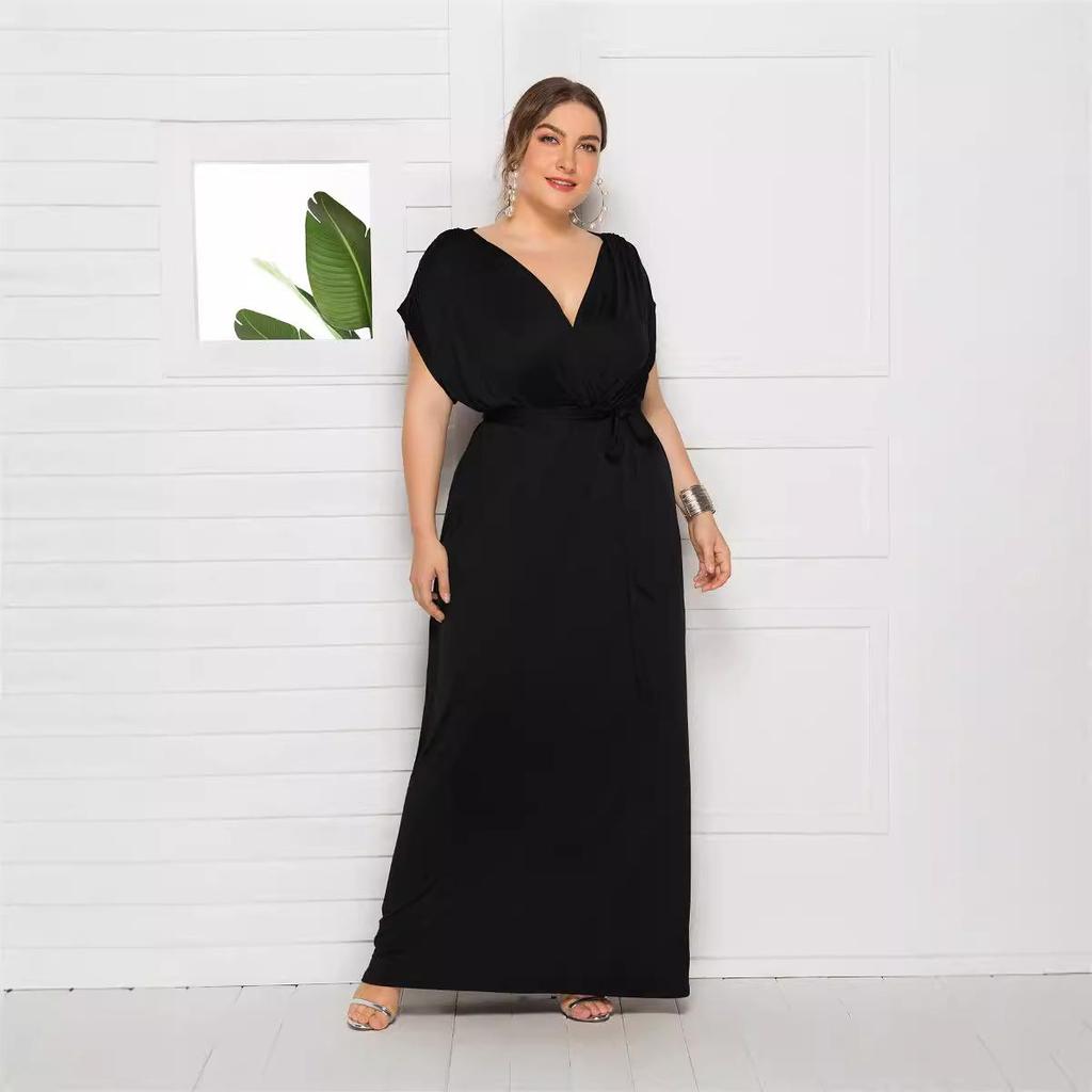 Plus Size Women’s Solid V-Neck Evening Dress, Sexy Loose Fit with Large Hem
