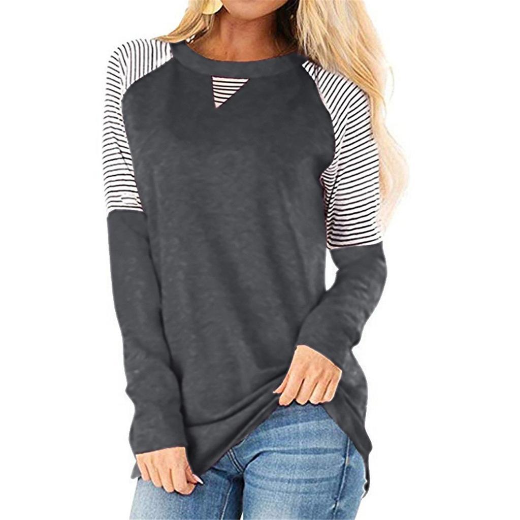 Womens Long Sleeve Stripes Print Color Block Shirts Casual Elegant Pullover Tops