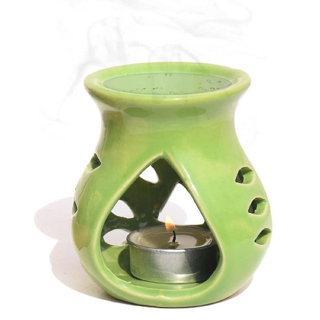 Ceramic Clay Candle Operated Aroma Burner|Oil Diffuser Coming with 1 Tea Candle (Green ; 9 Cm)