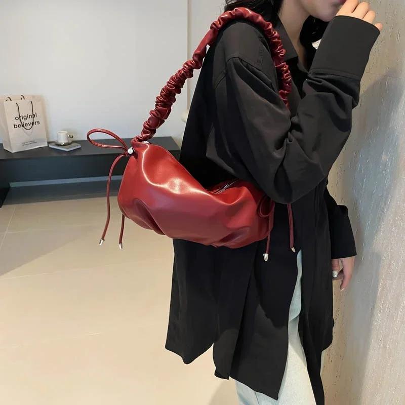 PU Solid Color  Hot Selling Women's Shoulder Bag Zipper Trendy Fashion Hobos Handbag Soft Simple Versatile Crossbody Bag