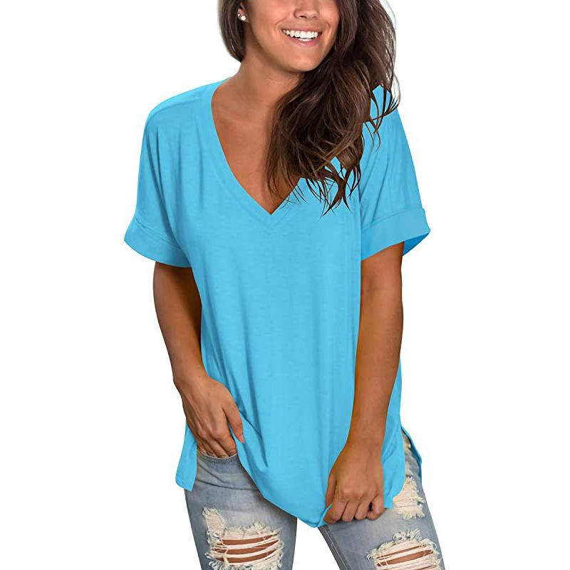 Women Fashion V-neck  Loose Lengthen Cotton Casual Short Sleeves Crop Top Solid Color Simple T-shirt