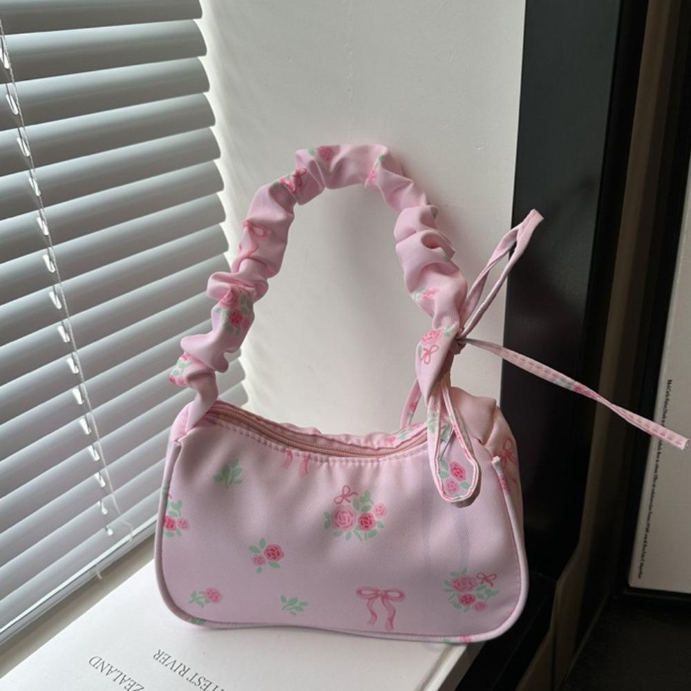 Sweet Flower Pleated Underarm Bag Bowknot Floral Shoulder Bag Simple Nylon Handbag  Gifts