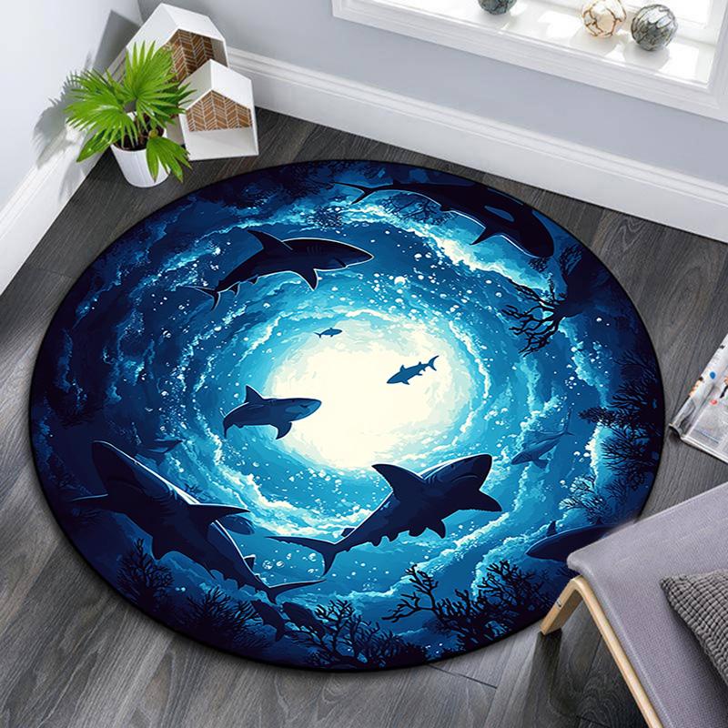 Sharks Round Area Rug,Carpet Rug for Living Room Bedroom Sofa Playroom Decor,Non-slip Floor Mat