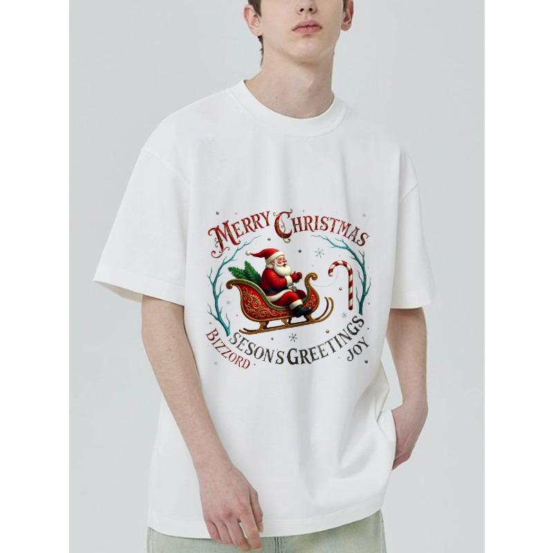 Christmas T-Shirt Black Santa Claus Sleigh and Candy Cane Print Merry Christmas Seasons Greetings Joy Text Design for Holiday Party Casual Wear