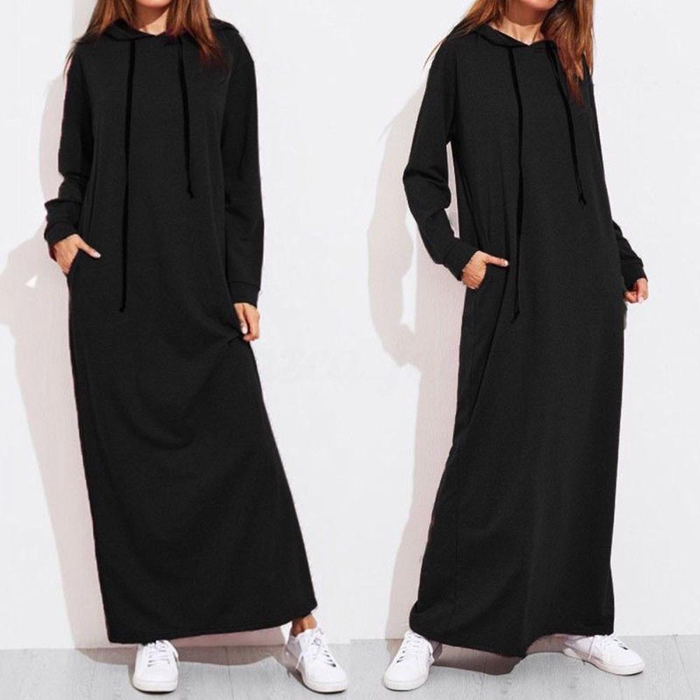 Damen Maxikleid Langarm Kapuze Damen Lässige Kapuzenpullover Lange Kleider