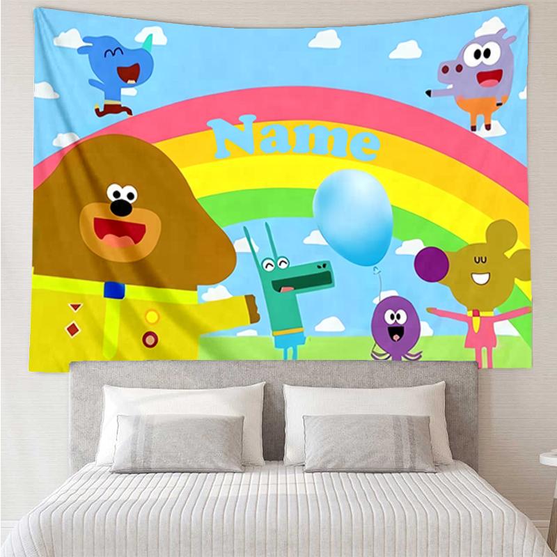 Custom Name Hey Duggee Print Tapestry, Backdrop, Easy Setup, Ideal for Bedroom, Office & Living Room, with Aesthetic Wall Hanging Decor.