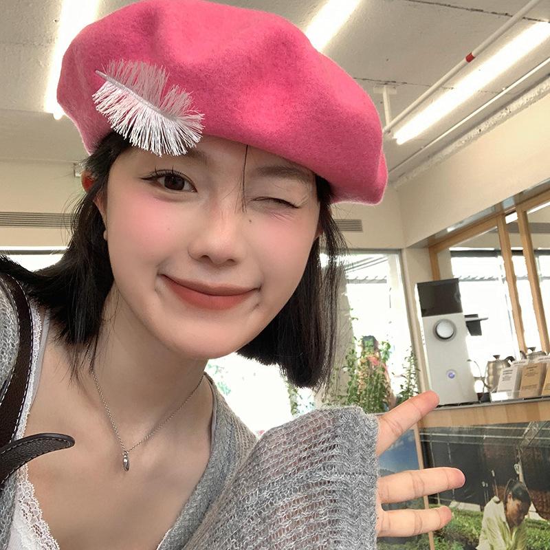 Beret Women's Autumn and Winter Korean Style Face Showing Small Woolen Bud Painter's Hat Japanese Style Large Head Circumference Hat