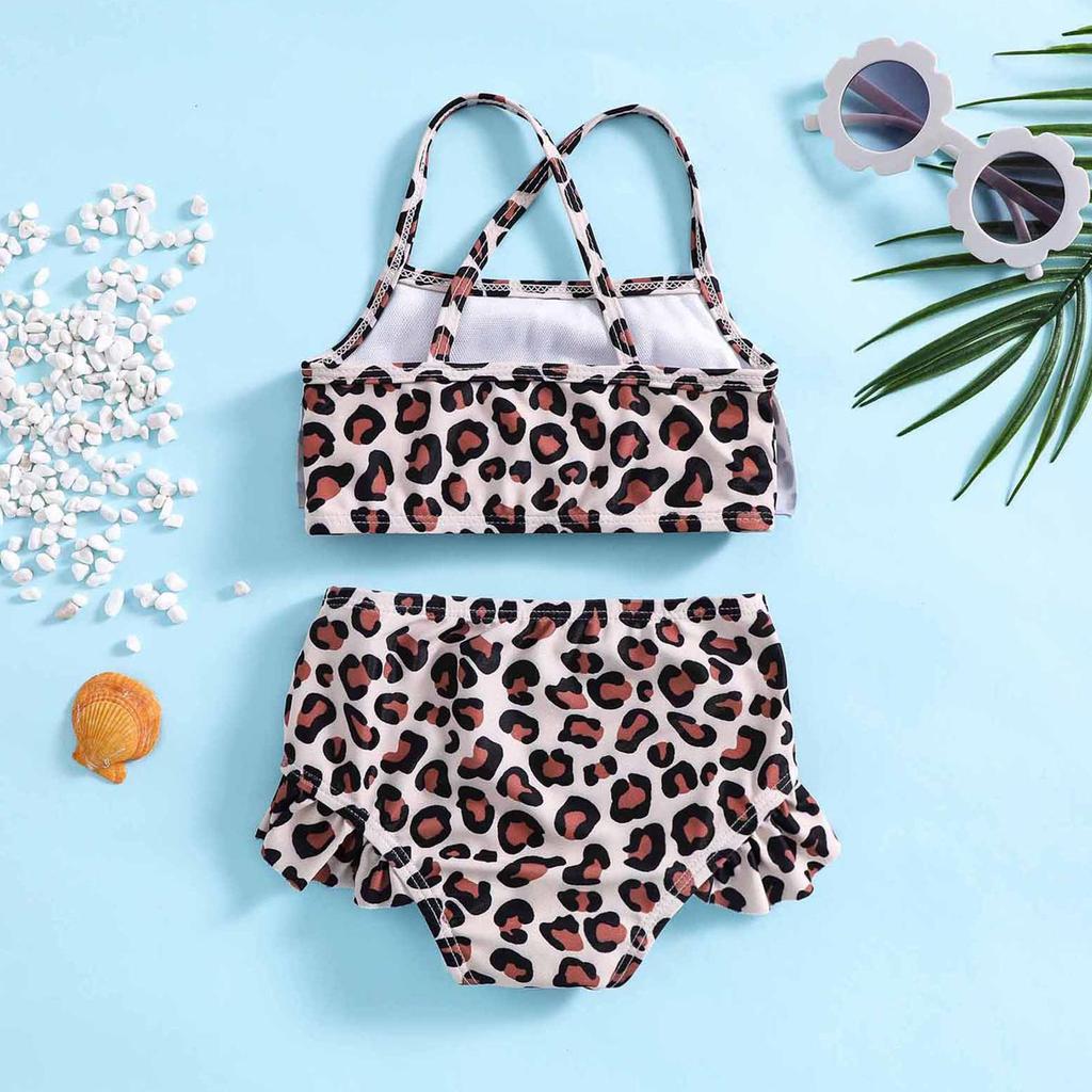 Girls' Leopard Print Sporty Swimsuit Set - Split Sling Style