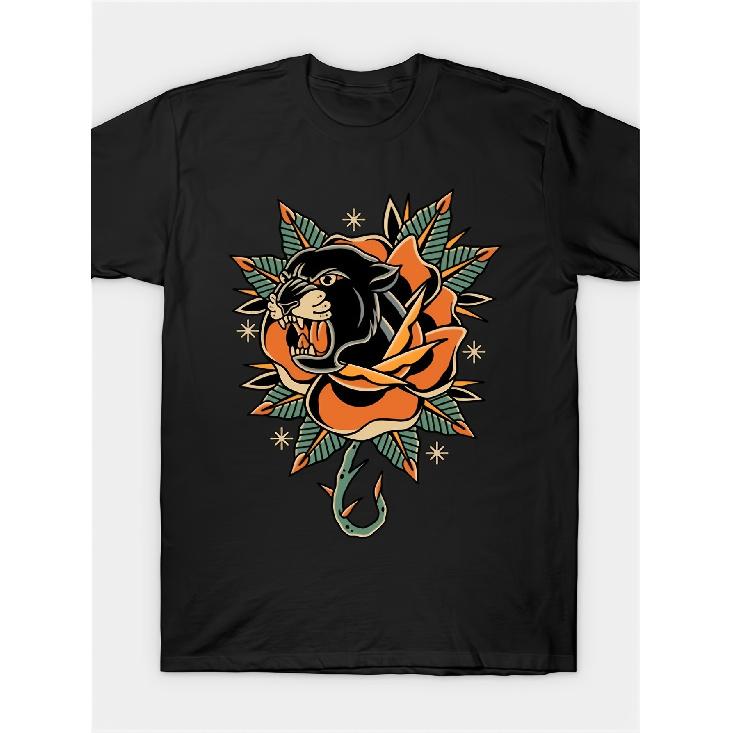 Men'S Black T-Shirt - Bold Leopard Head & Floral Print Tattoo Design, Short Sleeve Crew Neck Shirt with Orange/White/Green/Teal Accents for Everyday