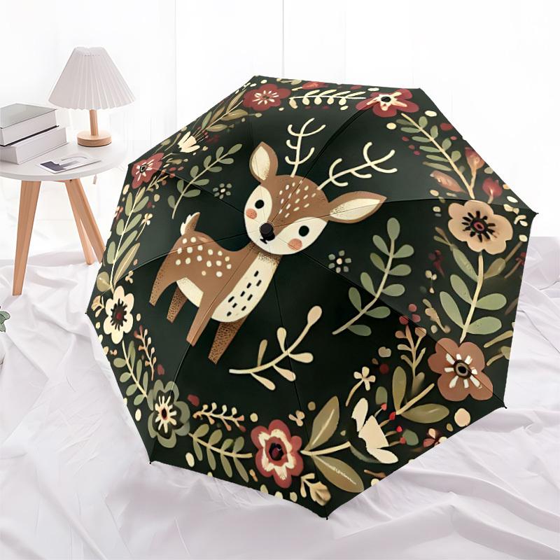 1pc Deer Floral Wreath Automatic Folding Umbrella - Windproof Compact Travel Umbrella with Auto Open/Close, 8-Rib Heavy-Duty Shaft for Women/Men A025