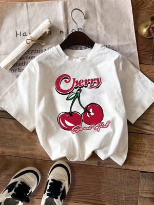 3-13Y + Fashion Style Simple Fruit Cherry Print Cotton T Shirt For KidsTees Daily Girls Summer Sweatshirts