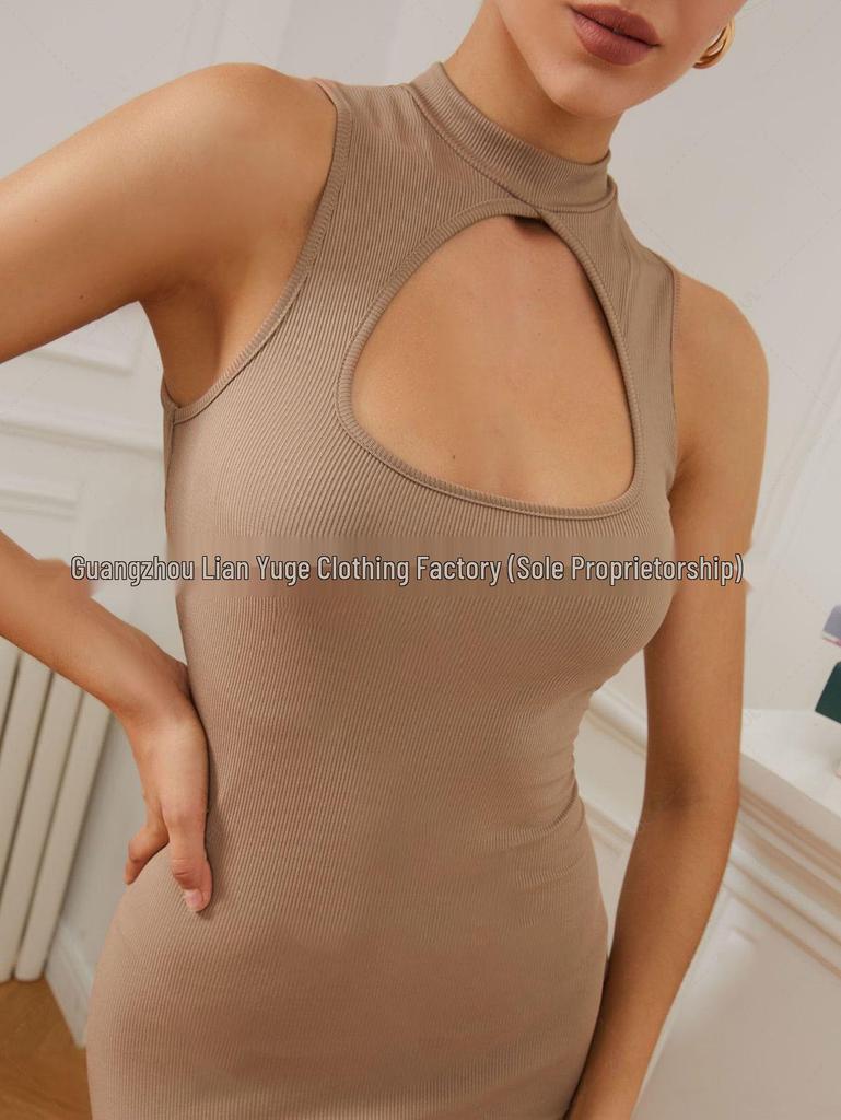 European & American Style Women's Sleeveless Ribbed Dress with High Elasticity & Shaping Control.