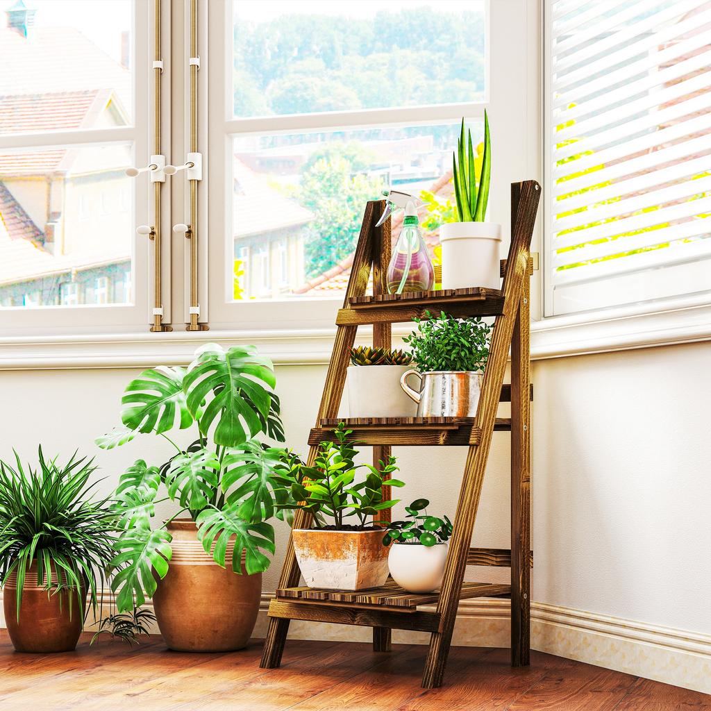 Wooden Folding Flower Pot Stand 3 Tier Garden Planter Display Ladder Gardener Storage Shelves Rack Herb Holder (40L X 37W X 93H Cm)