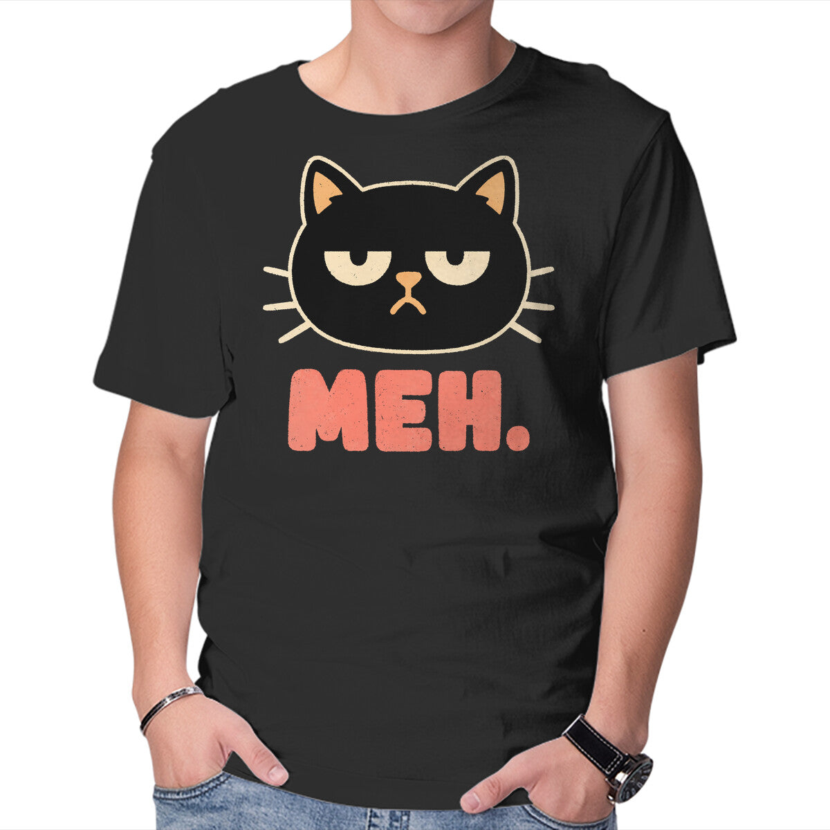 Unisex Crew Neck T-Shirt Meh Cat Graphic Short Sleeve Casual Tee S