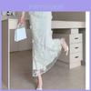 Cotton Blend Mesh Pleated Maxi Skirt With Embroidery For Women Summer