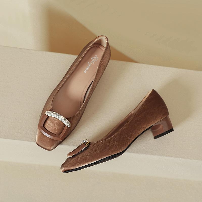 French Low-heeled Shallow-mouth Single Shoes 2025 New Spring and Autumn Huizhou Women's Shoes Soft Leather Square Head Not Tired Feet High Heels