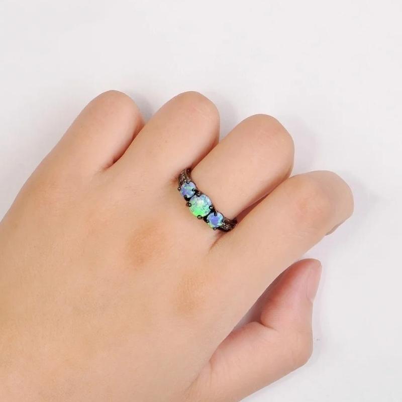 Fashion Black Gold Color Imitation Blue Fire Opal Ring For Women Wedding Band Engagement Ring Women Party Jewelry Drop Shipping