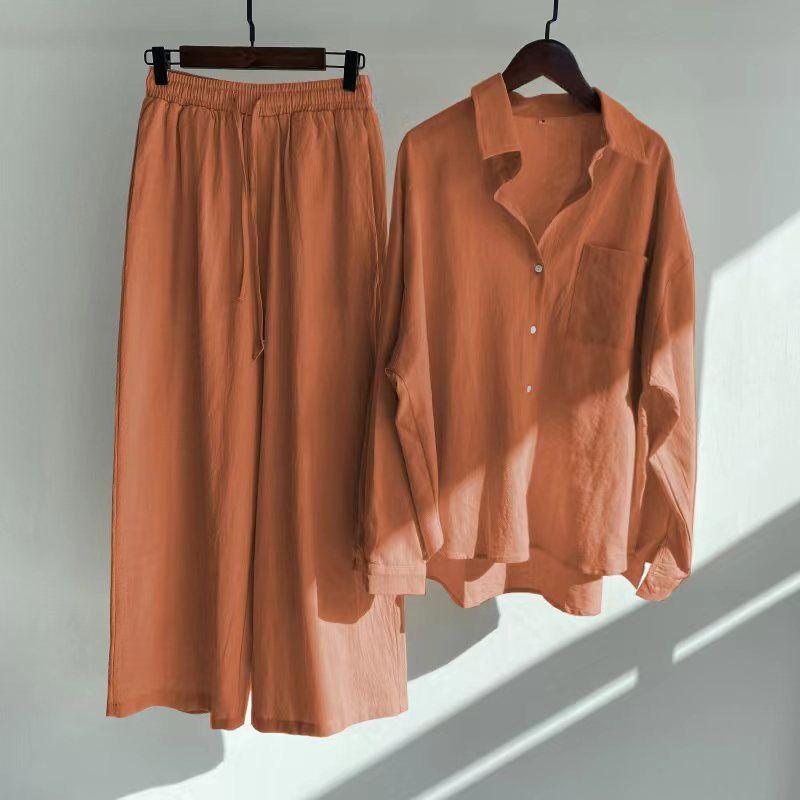 Shirt and Pants Set Summer Women's Retro Plus Size High Waist Loose Pants Cotton Linen Shirt Outfit