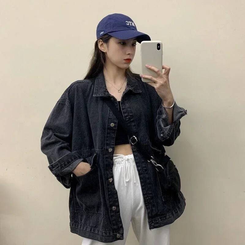 Spring Women Denim Jacket Korean Long Sleeve Loose Jeans Coat Woman Bf Unisex Wild Big Pockets Buttons Outerwear