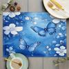 4pcs Elegant Floral & Butterfly Placemats | Deep Blue Table Mats with Blue Butterflies, Durable Linen Place Mats for Dining Table, Kitchen Decor