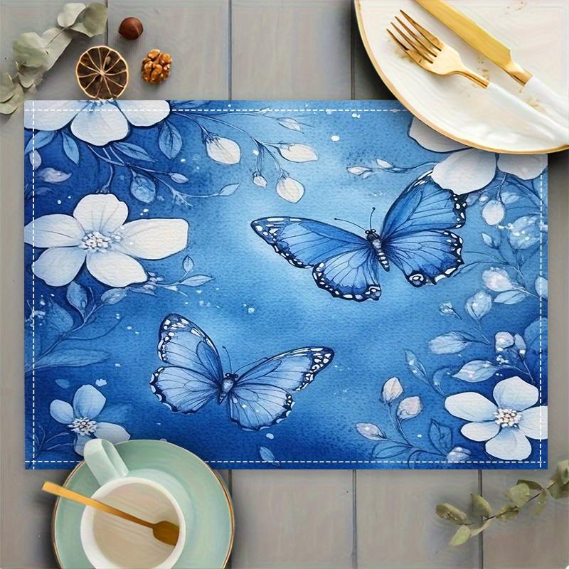4pcs Elegant Floral & Butterfly Placemats | Deep Blue Table Mats with Blue Butterflies, Durable Linen Place Mats for Dining Table, Kitchen Decor