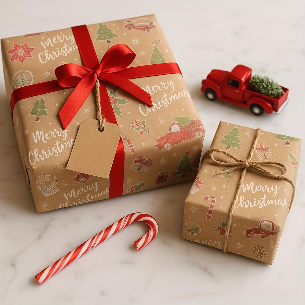 1 Roll Christmas Wrapping Paper Roll - Double-Sided Kraft & Light Brown with Snowflakes, Bells, Candy Canes, Gift Wrapping Paper