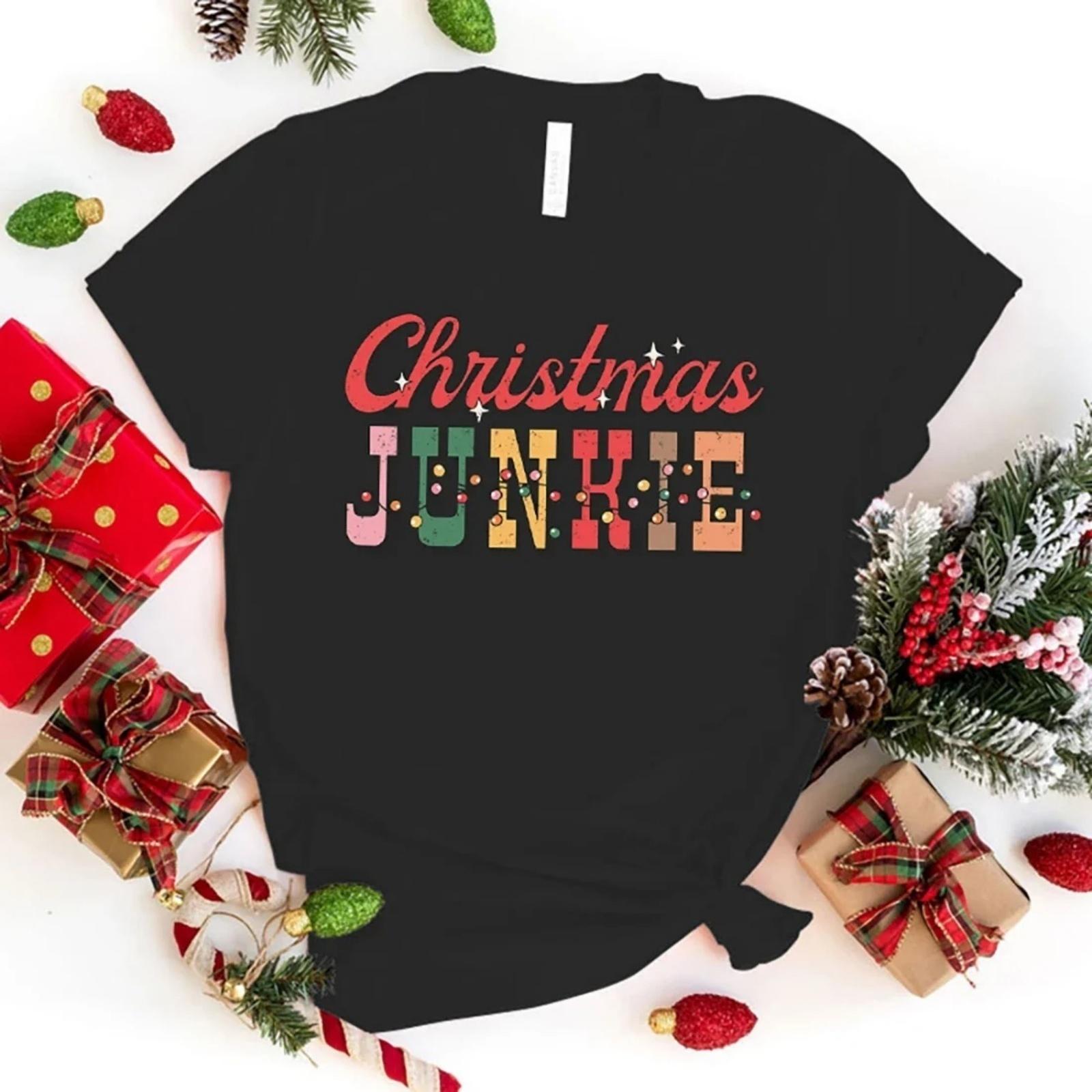 New Christmas Junkie Graphic Print Shirt Tees Summer T-Shirt Short Sleeve Fashion Personality Streetwear Casual Tops S