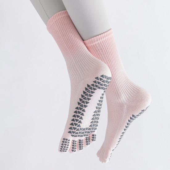 1 Pair Yoga Toe Socks with Non-slip Gripper Moisture Wicking Mid-calf Socks Women Ballet Dance Pilates Cotton 5-Toe Crew