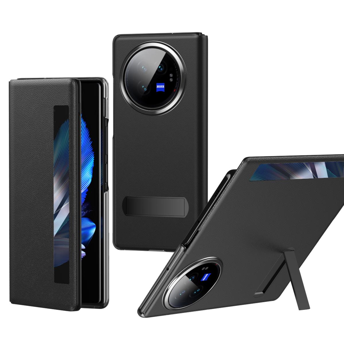 

For vivo X Fold3 Magnetic Phone Case View Window PU Leather+PC Cover with Hidden Kickstand Black