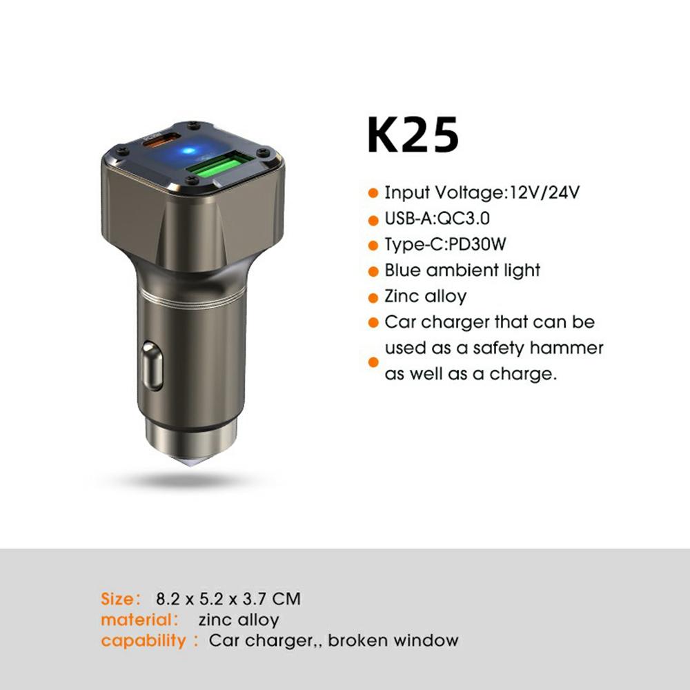 

K25 Car Charger Adapter PD 30W Super Charger Fast Charging Metal Window Breaker