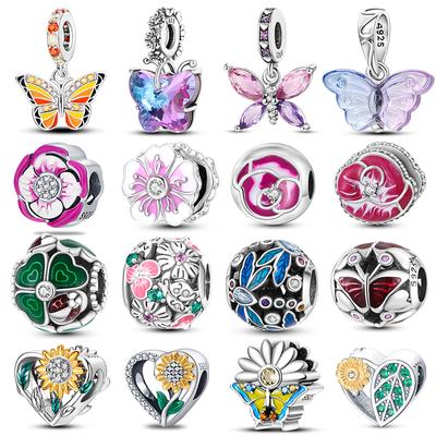 Abalorios de la Serie Primavera de Moda Cuentas 100% Cobre Flor Pájaros Mariposa Colgante Ajuste Pulsera Original Qikaola Joyería