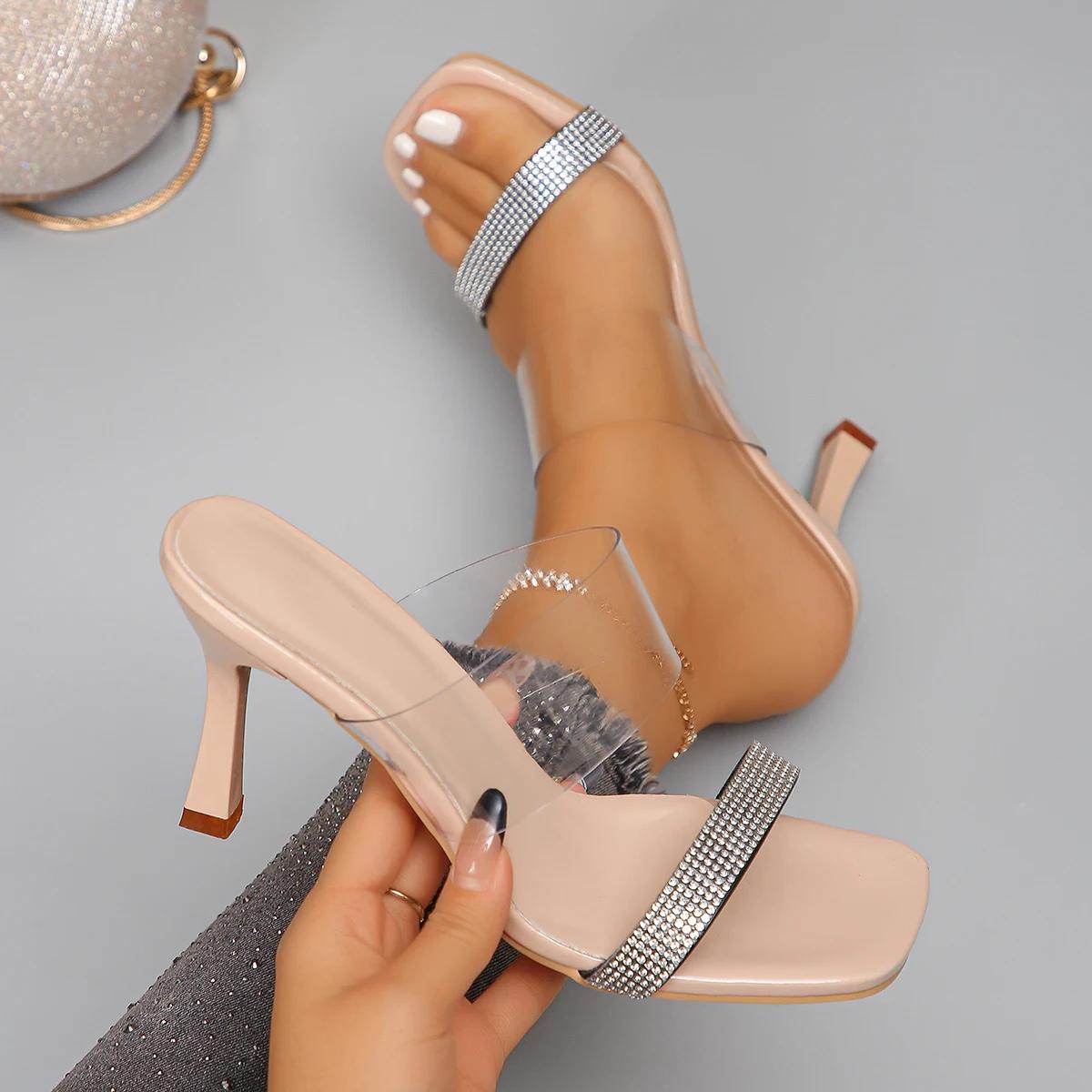 

Роскошные женские тапочки на высоком каблуке с кристаллами, сексуальные летние босоножки с квадратным носком, модные шлепанцы, трендовые элегантные шлепанцы Chaussures Femme 43 абрикосовый