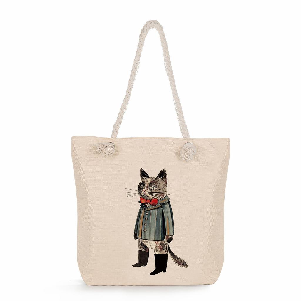 Multifunctional Cute cartoon cat Printed Thick Rope Shoulder Beach Bag Casual large capacity handbag 7610