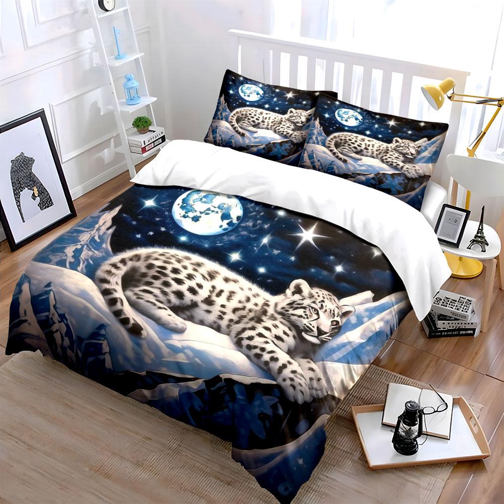 Starry Full Moon Snow Mountain Snow Leopard Cub Bedding SetSoft Skin-Friendly Bedding Set1 Duvet Cover And 2 Pillowcase Gift
