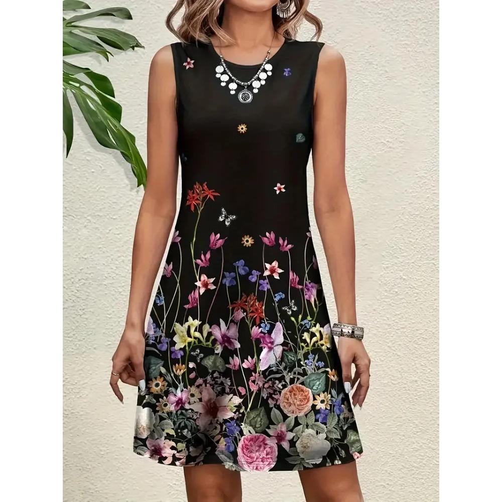 Robe débardeur d'été simple et colorée à imprimé floral sans manches Style vacances d'été Décontractée Confortable Douce Respirante Ample Robe mini pour femme