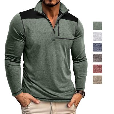 Camisetas de hombre con cuello alto, mangas largas, sudaderas de colores contrastantes, bolsillo en el pecho con cremallera, ropa deportiva informal para otoño y primavera