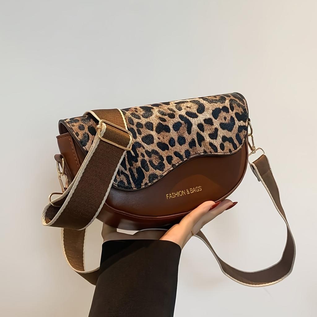 [Leopard Crossbody Bag] Stylish Women's Crossbody Bag - Synthetic Faux Leather, Solid Color Leopard Print Flap, Magnetic Closure