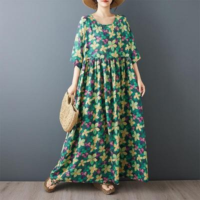 Κοντό μανίκι Plus size Βαμβακερό vintage φλοράλ νέο σε φορέματα για γυναίκες casual φαρδύ μακρύ καλοκαιρινό φόρεμα