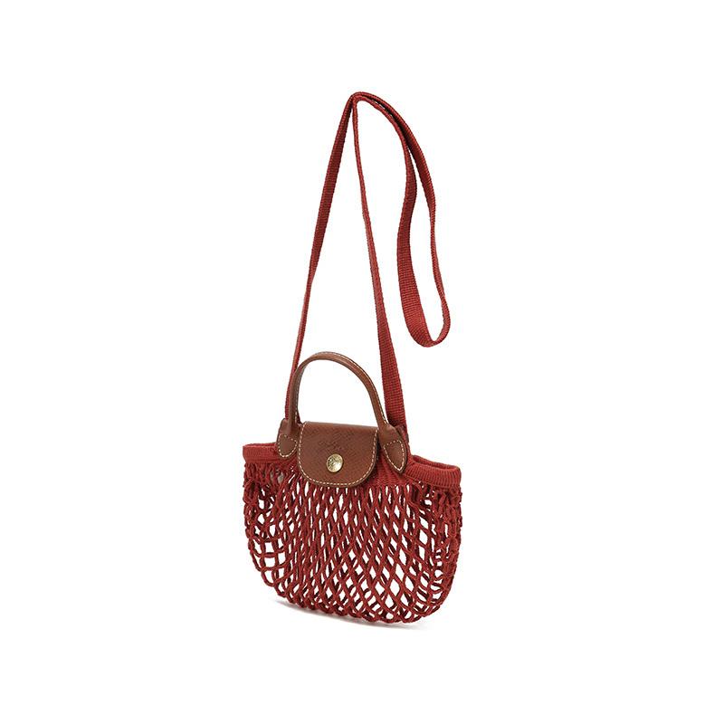 Longchamp Le Pliage Filet Hollow Design Fabric Mesh Bag Woven Handheld Crossbody Shoulder Bag Mini Women Bags Chestnut 10139HVH204