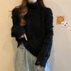 Women Autumn Winter High Collar Long Sleeve Wardrobe Staple Distressed Ripped Holes Solid Color Comfy Loose Pullovers Knitted Sweater Top