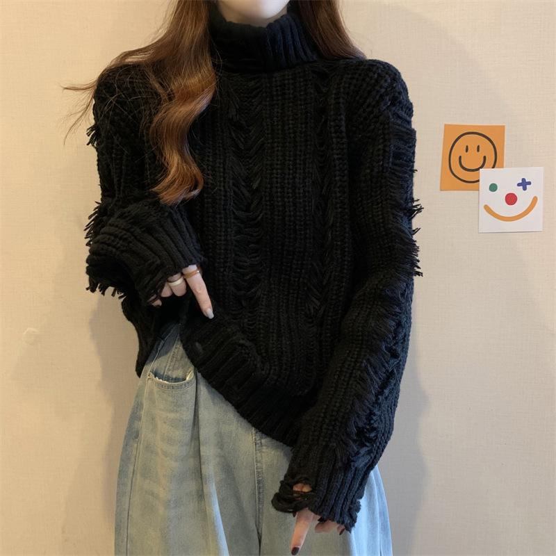 Women Autumn Winter High Collar Long Sleeve Wardrobe Staple Distressed Ripped Holes Solid Color Comfy Loose Pullovers Knitted Sweater Top