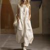 Abito Maxi da Donna Girocollo Senza Maniche Monocolore in Misto Lino Ampio con Grandi Tasche Laterali