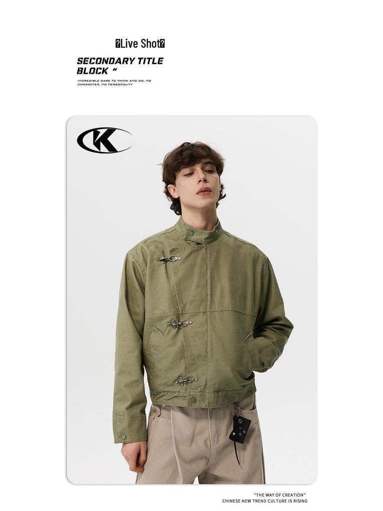 11KN Unisex Retro Distressed Workwear Jacket with Airplane Buckle and Wide Lapel