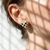 INS Enamel Checkerboard Heart Earrings - European & American Fashion, Stainless Steel.