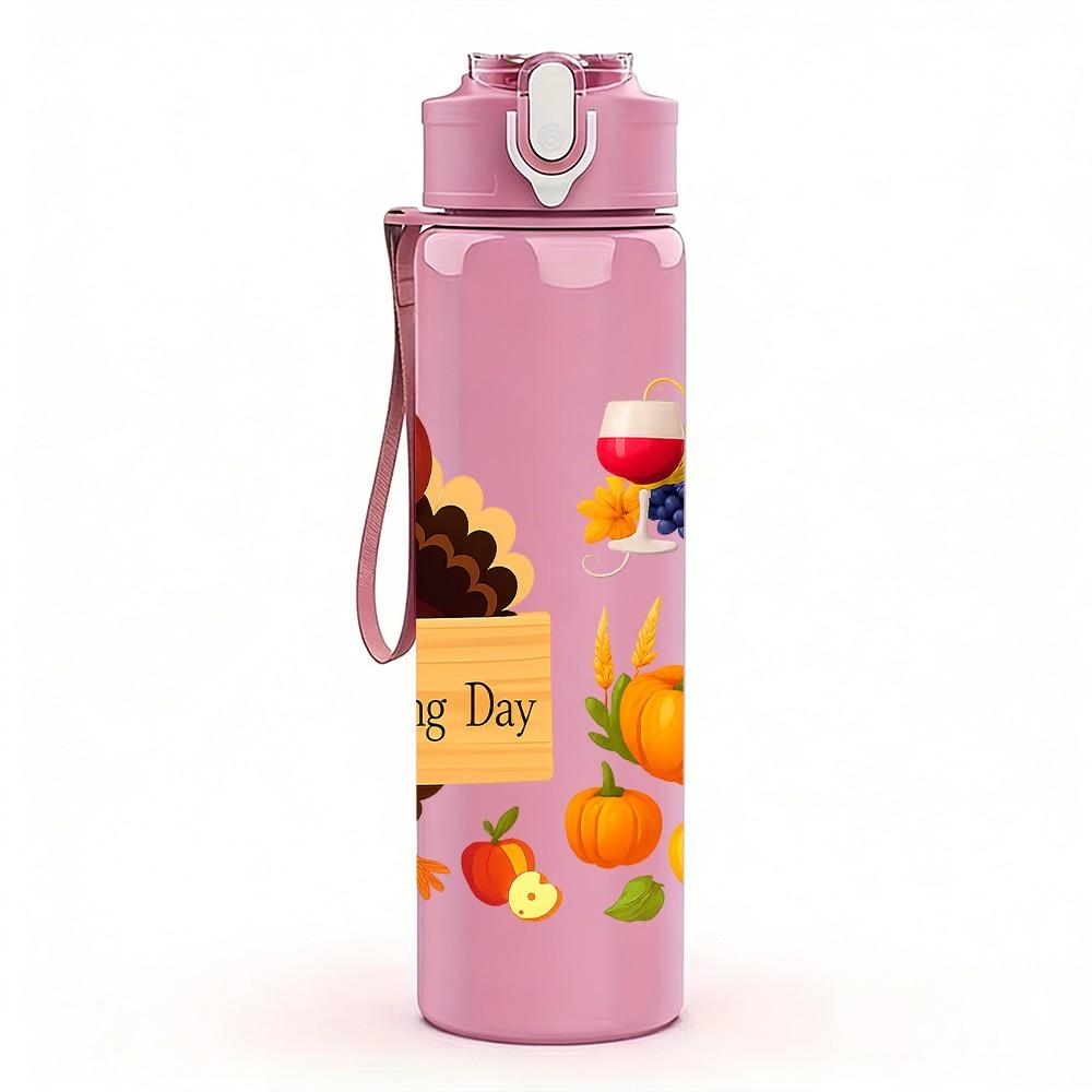 1PC Thanksgiving Turkey Harvest Pattern 750ml Color Plastic Sports Water Bottle Leakproof Flip Straw Lid Suitable for Sports Office Home Use