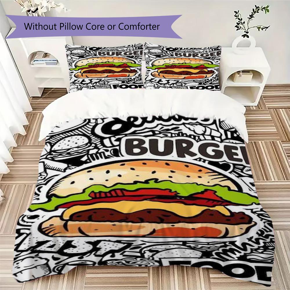 Mixed-Color Comic Burger Pattern Bedding,Quilt Set Quilt Cover Pillowcase Home Birthday Gift (1*duvet cover+2*pillowcase,without core)ZSJT0917363