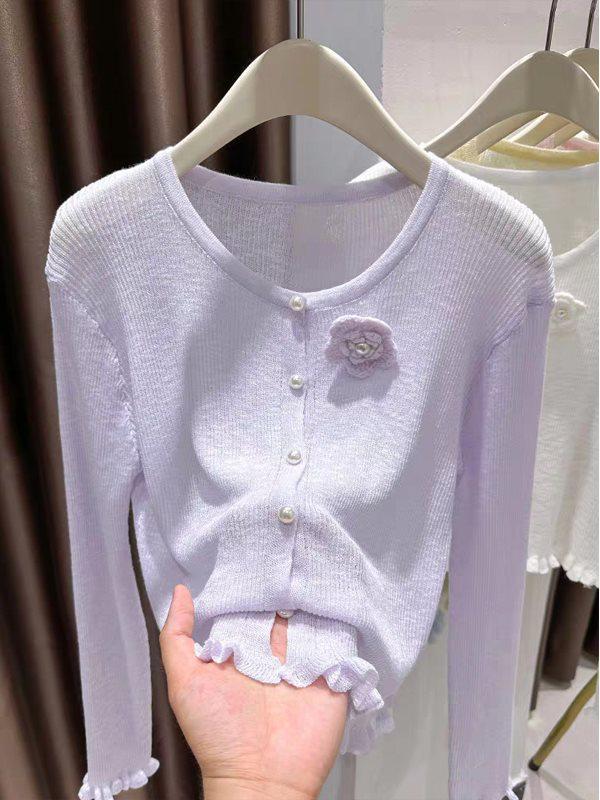 Korean Style Blue Ice Silk Knitted Sunscreen Cardigan & Floral Ruffle Shawl for Summer Women - Sleeveless Outerwear Cover-up Dress