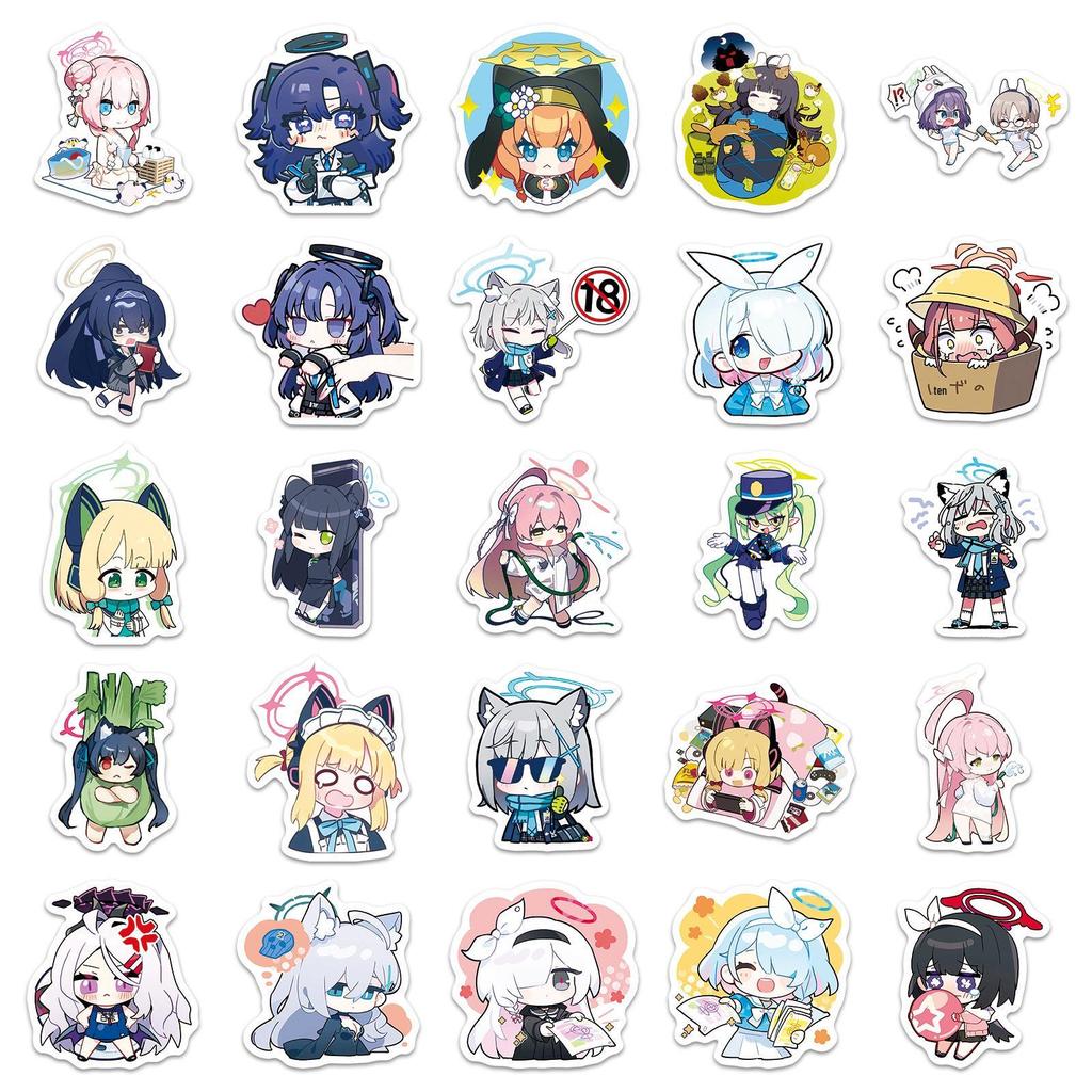 50 Q-Version Blue Archive Anime Sticker Sheets for Notebooks, Scooters, Speakers, and DIY Decor.