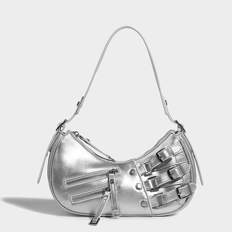 High-end women s handbag 2024 summer new style American retro hot girl multi-color leather underarm shoulder handbag серебряный
