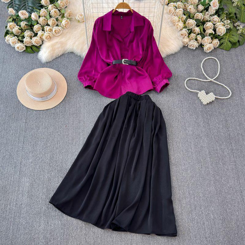 

Изысканный Доступный Роскошный Взрослый Леди подобный Женский Стильный Костюм Женский Осенний Модный Западный Стиль Рубашка Топы + Юбка с Высокой Посадкой Комплект из Двух Предметов Purple Tops + black skirt One size